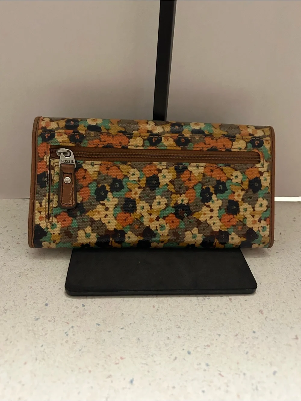 Fossil Floral Canvas Wallet with Brown Trim and Multicolor Print